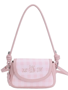 Pink plaid crossbody bag with cute embroidery and adjustable shoulder strap for women
