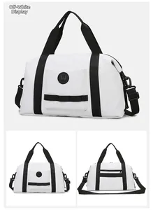 Front and back detail of cream travel bag showing pockets and shoulder strap
