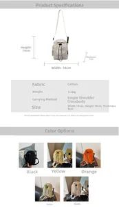 Detailed size chart and multi-color display of lightweight nylon crossbody bucket bag