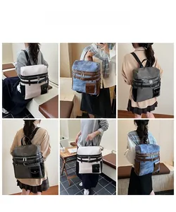 Detailed views showing a multi-color casual backpack set with functional pockets and straps
