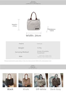 Detailed sizing chart and specifications for the large capacity canvas bucket handbag