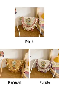 Handmade woven straw bucket bags in pink, brown, and purple with tassels and bead charms