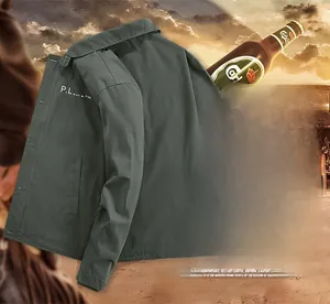 Detail showing the detachable hood and P.L.A.N. print on the military style jacket