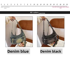 Detail view of large denim tote bags in blue and black colors with distressed hole accents