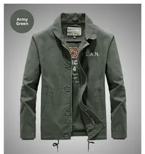 Detail of military green sherpa-lined jacket showing stand collar and P.L.A.N. print