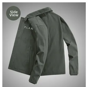 Detail view of military green cotton jacket showing P.L.A.N. lettering and elastic cuffs
