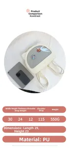 Detailed view of white cat-shaped PU display bag showing size specs and clear window