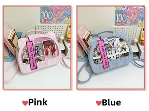 Close-up of pink and blue bags featuring cat ear designs and clear display windows