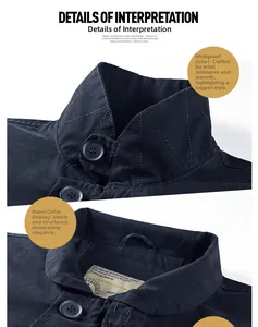 Detailed view of windproof quilted collar and vintage industrial military label on navy jacket