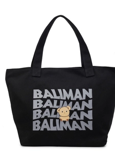Large black canvas tote bag with BALIMAN logo and yellow cartoon bear design