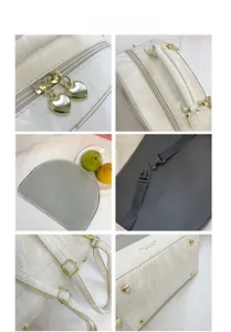 Detailed views of beige marble pattern backpack with gold heart zippers and handle