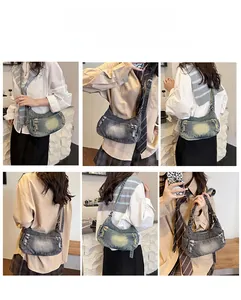 Detailed views of denim crescent bag showing distressed textures and multiple carry styles