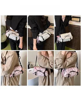 Multi-angle view of model wearing pleated crossbody bag with ribbon and bow details
