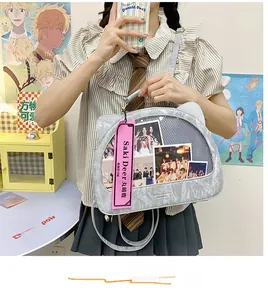 Detail of light grey cat-eared ita bag featuring a transparent window and pleated texture