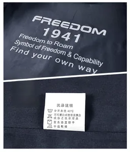 Detail of navy jacket lining showing Freedom 1941 print and white fabric care label