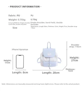 Blue and white PU leather backpack with cat pattern and iPhone 16 Pro Max size comparison