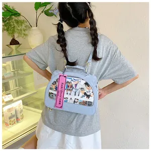 Detail of light blue ita bag with clear window showing anime character cards on back