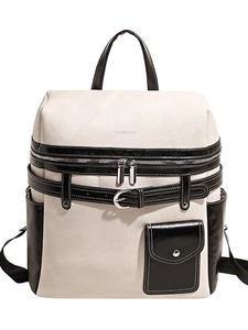 Minimalist beige and black contrast backpack with WYGONGZHU logo and metal buckles