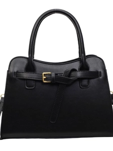 Elegant black faux leather trapezoid handbag with gold metal hardware and top handles