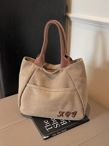 Retro khaki canvas tote bag with embroidered letters and large capacity pockets