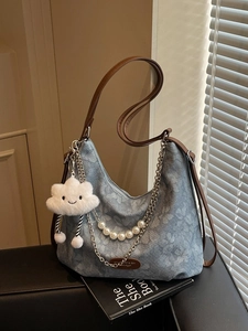 Women Floral Hobo Bag Artificial Pearl Chain And Cloud Pendant Vintage Canvas PU Large Capacity Shoulder Bag Casual Commuter Tote Bag
