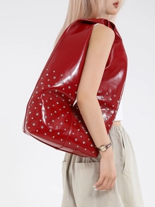 Red patent leather punk hobo shoulder bag with silver rivets and studs for women