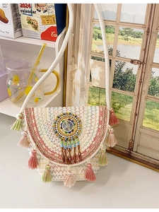 Bohemian Woven Crossbody Bucket Bag For Women Ethnic Style Handmade Shoulder Bag With Tassels And Colorful Beads Vacation Beach Purse