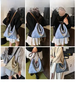 Detailed views of high-capacity tote bags with metal chains and pearl charms in various colors