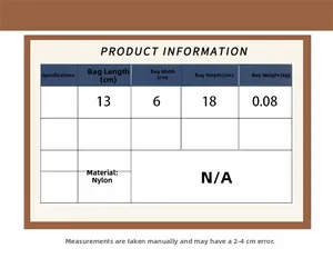 Detailed product size chart and nylon fabric specifications for small crossbody bag