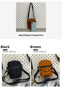 Comparison of black and brown nylon crossbody bags with drawstring detail and phone size scale