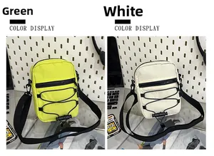 Green and white mini nylon crossbody bags with elastic drawstrings on an office desk