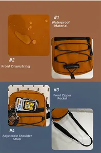 Detail view of water-resistant nylon fabric with drawstring and adjustable strap