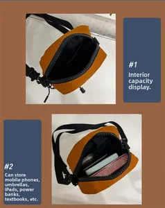 Detail view showing spacious interior storage of orange nylon crossbody square bag