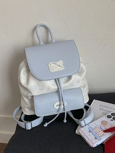 Sac à dos d'école mignon contrasté avec illustrations de dessins animés et patch chat