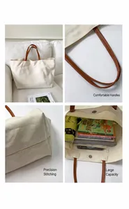 Detail view of canvas tote with brown leather handles, magnetic closure and interior pocket