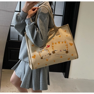Grand sac fourre-tout en toile beige avec imprimé chat orange et larges poignées