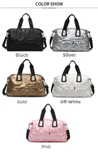 Quilted metallic travel bags shown in black, silver, gold, off-white, and pink options