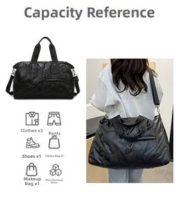 Capacity detail of black quilted travel bag showing ample space for clothes and shoes