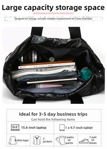 Detail view of large travel tote showing laptop compartment and high storage capacity