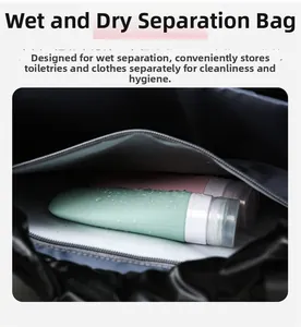 Detail of waterproof inner dry-wet separation pocket with water droplets on a travel bag