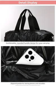 Detail of padded travel bag showing quilted texture, soft handles and zipper pocket