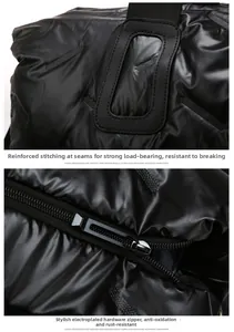 Macro detail of reinforced stitching and electroplated metal hardware on black quilted bag