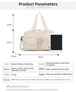 Size chart showing large oxford travel bag dimensions for gym and carry-on use