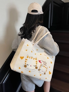 Grand Sac Cabas en Toile pour Femmes Imprimé Chat de Dessin Animé Cœur I Love Mom Sac à Épaule Décontracté Shopping Main Avec Fermeture Éclair
