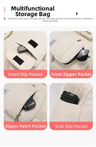 Detail view of large travel bag with front zip pocket and side storage compartments