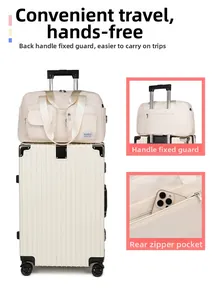 Travel bag with back sleeve for luggage handle attachment and rear zipper pocket detail