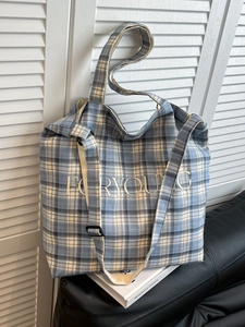 FORYOUNG blue plaid canvas tote bag with adjustable shoulder strap and large capacity