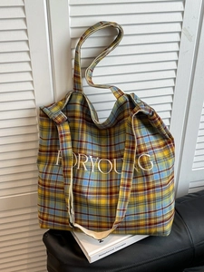 Plaid canvas tote bag with FORYOUNG embroidery and dual straps for shoulder or hand carry
