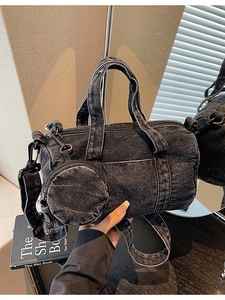 Women Vintage Washed Denim Barrel Crossbody Bag With Mini Round Coin Purse Casual Washed Denim Boston Shoulder Bag