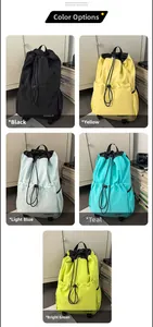 Detail showcasing five color options of this nylon backpack with drawstring closure